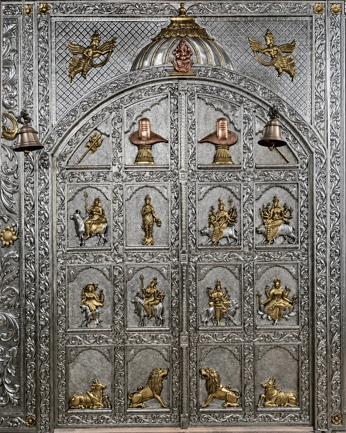 Majestic Silver Mounted Teak Wood Temple Door 038