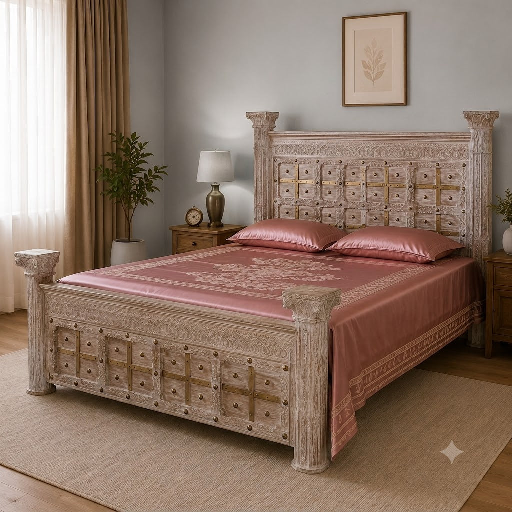 Solid Carved Pillar Ethnic BED 049