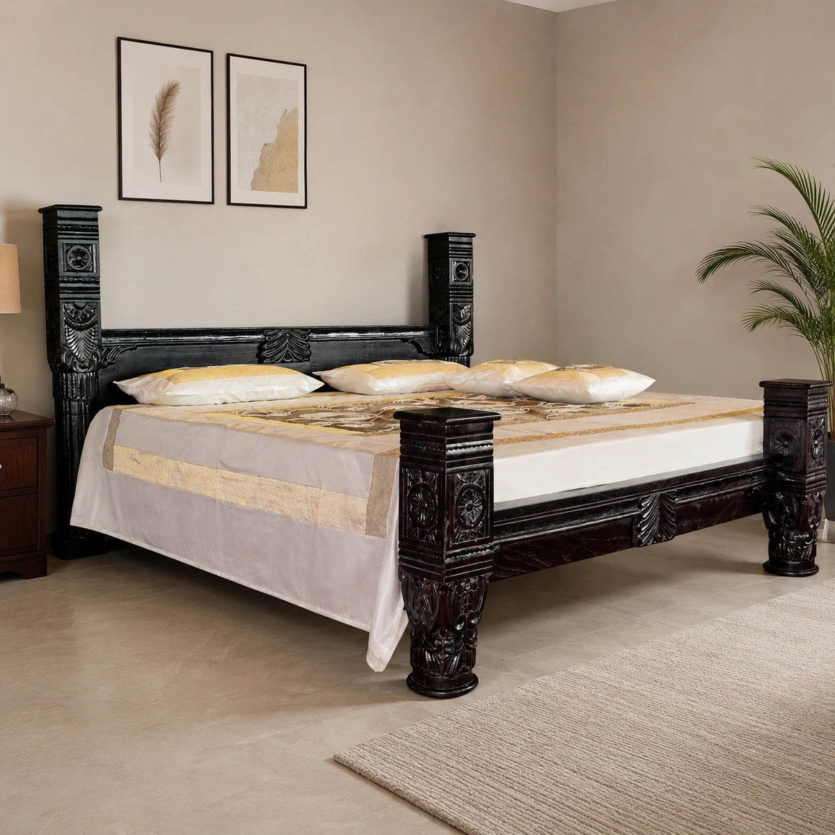 Solid Carved Pillar Bed