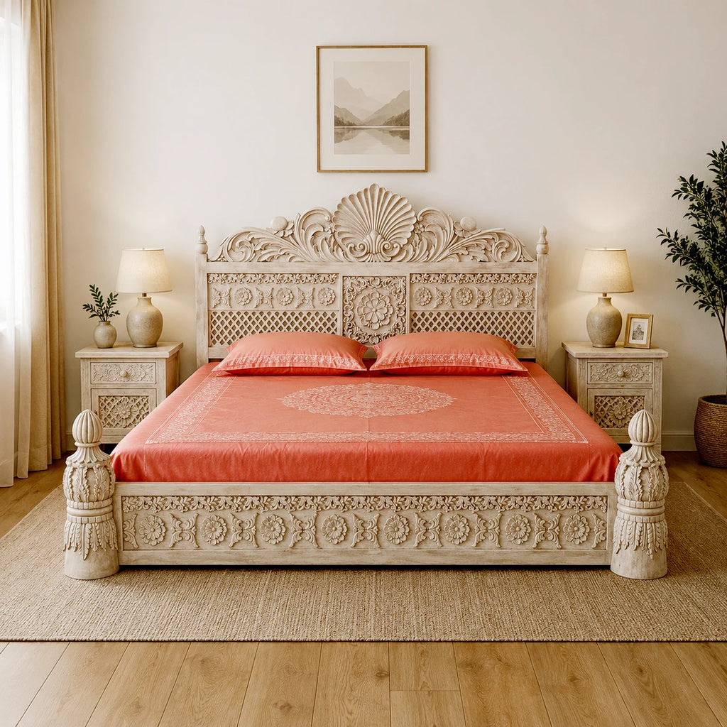 Heavy Carved Thick Pillar Bed 058