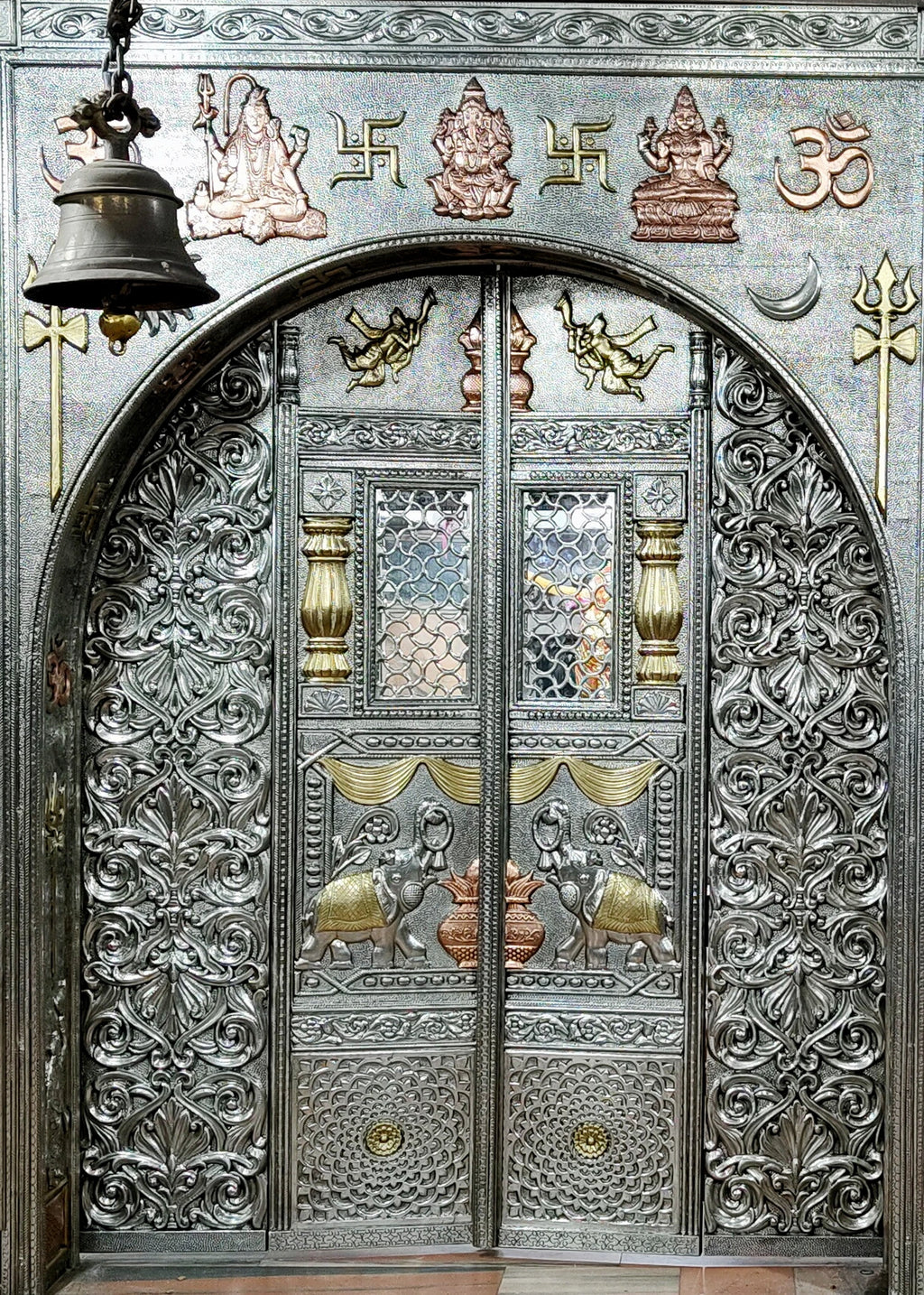 Majestic Silver Mounted Teak Wood Temple Door 049