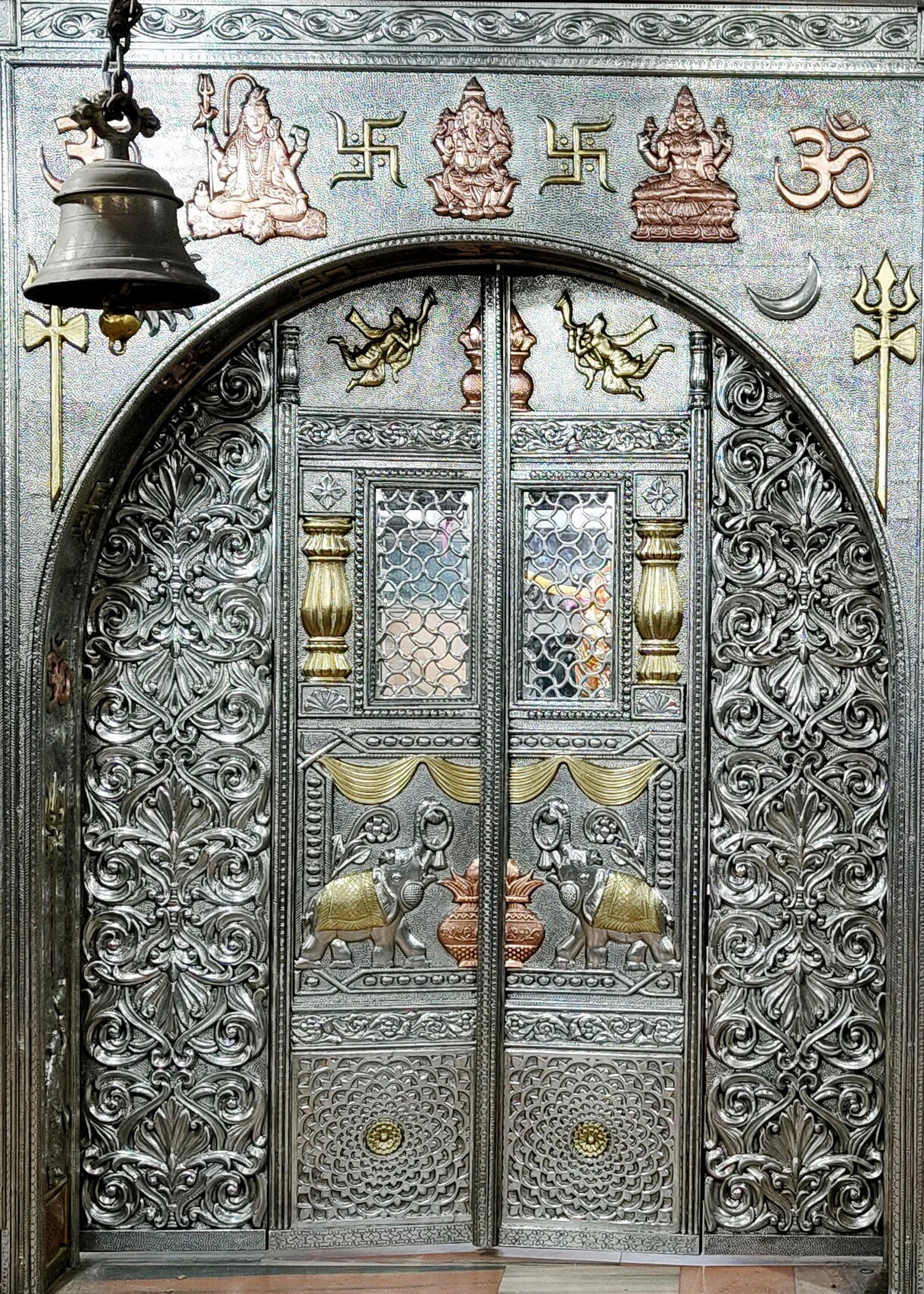 Majestic Silver Mounted Teak Wood Temple Door 049