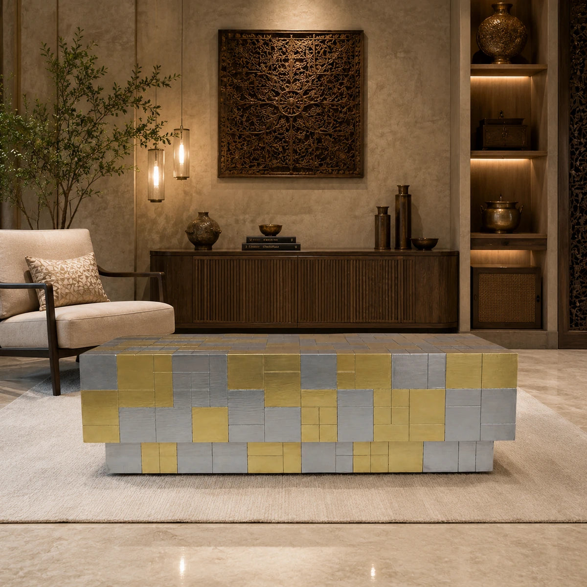 Concentric Brass and White Metal Coffee Table